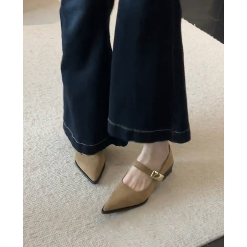 羊皮版~法式气质尖头粗跟浅口单鞋女春秋复古一字带金属玛丽珍鞋|undefined
