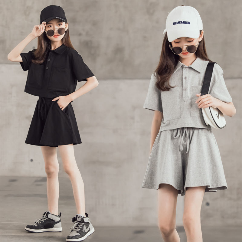 Girls' Sports Suit Children's Fashionable Short-sleeved T-shirt Summer Shorts Outer-wear Culottes Two-piece Set Foreign-style Middle and Big Children