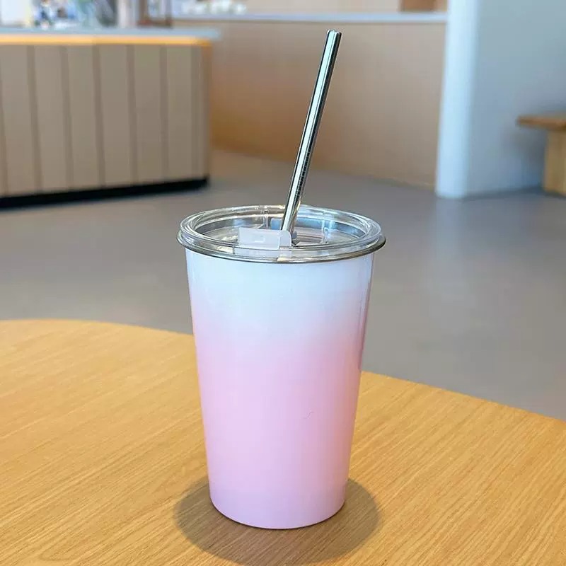 New 304 stainless steel gradient color water cup for office use, cold drink coffee milk tea straw cup with lid