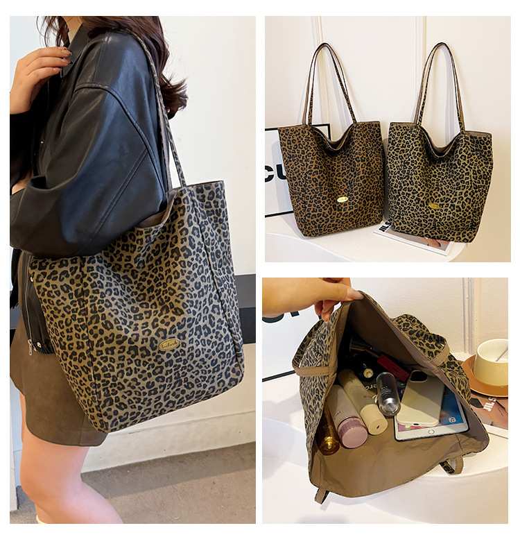 Doppelseitige Canvas-Tragetasche mit Leopardenmuster, große Kapazität, Damen-Umhängetasche im College-Stil, lässige Handtasche im City-Stil, Pendler-Tasche – Detail 13