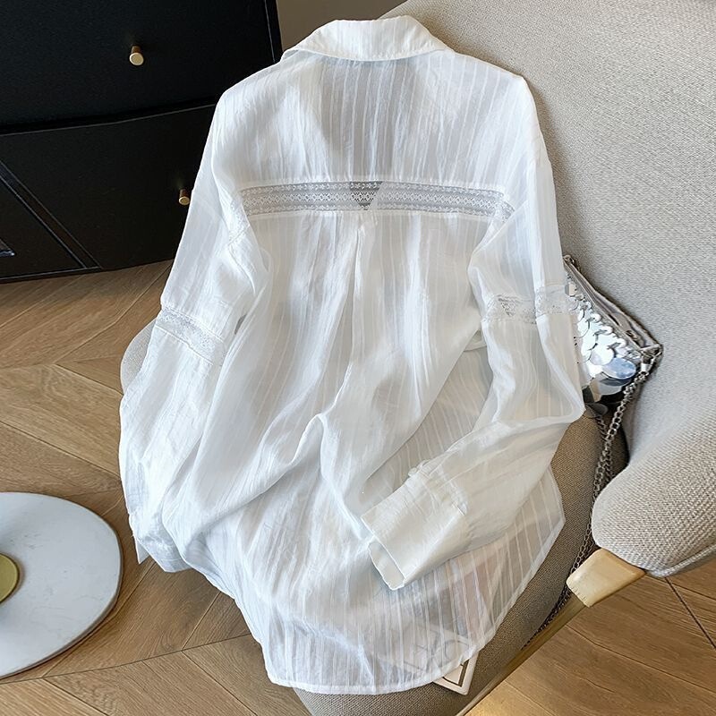 Lace Hollow-Out Lazy Style Loose White Sun-Protective Shirt Top for Women, Fresh Summer Thin Ice Silk Shirt Jacket Lace Hollow-Out Lazy Style Loose White Sun-Protective Shirt Top for Women, Fresh Summer Thin Ice Silk Shirt Jacket