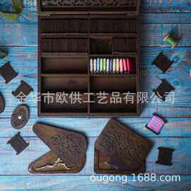 跨境雕花镂空木质刺绣工具收纳盒 复古工艺绣线针线整理箱164