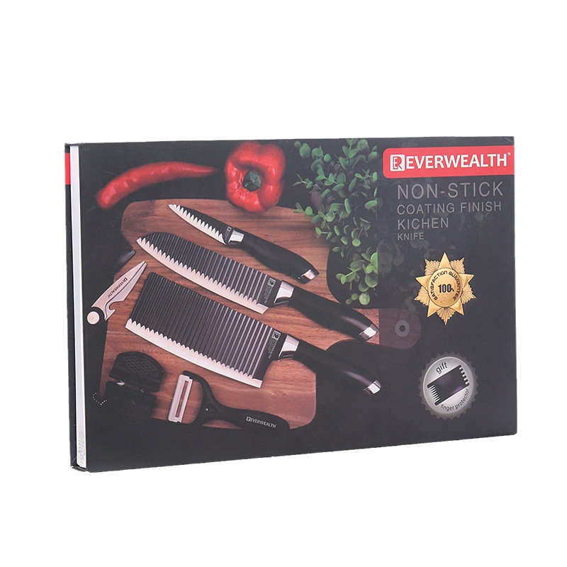 Patrón de onda de cocina doble cabeza de galvanoplastia cuchillo de cocina grande juego de siete piezas con afilador de cuchillos traje de cuchillo de acero inoxidable juego de cuchillos domésticos