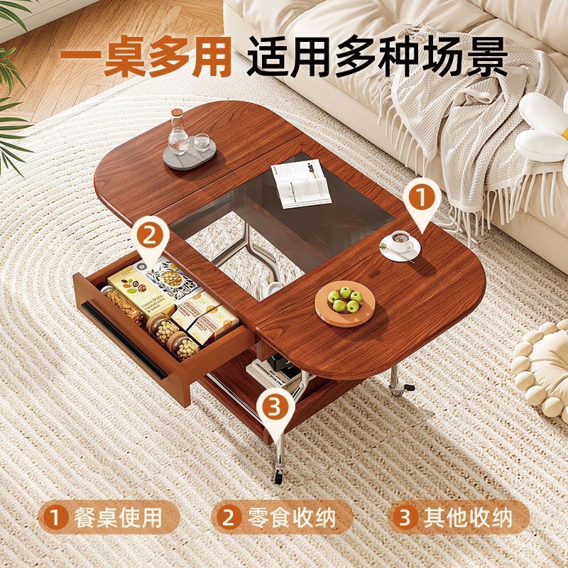 中古风可折叠茶几边几可移动收纳家用小户型客厅移动圆桌阳台推车|undefined
