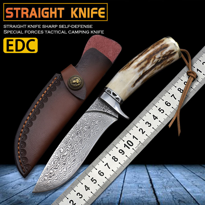 大马士革钢直刀高硬度破窗器户外救援荒野求生防身实用刀具切割器