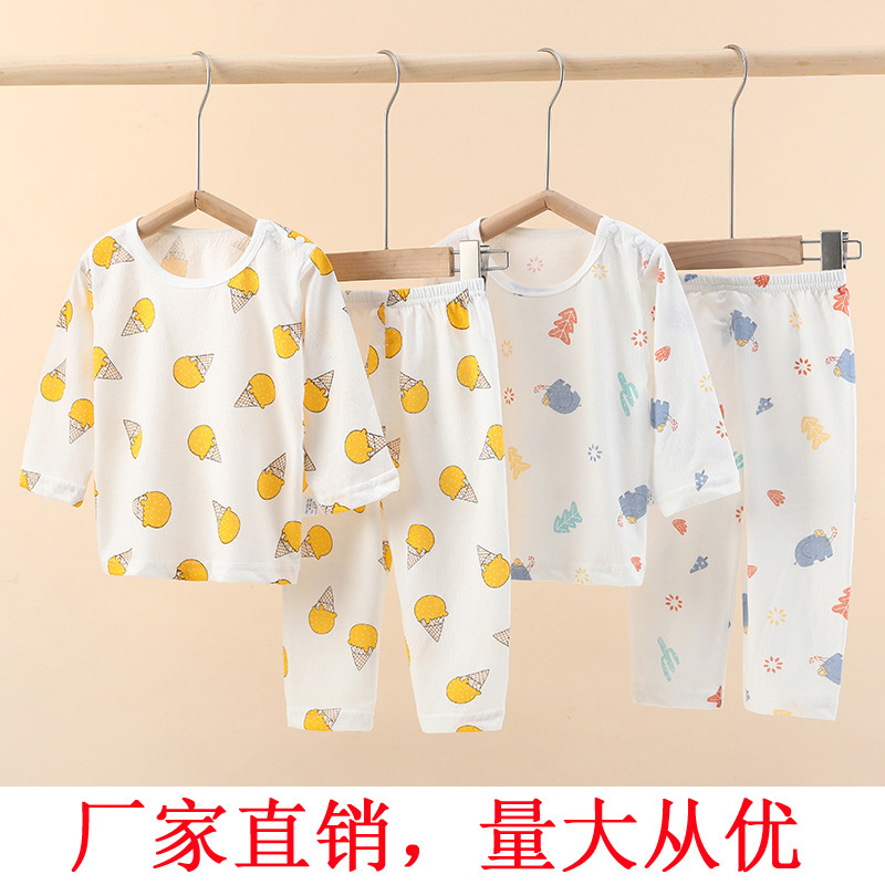 Baby's Air-conditioning Suit Thin Long-sleeved Summer Cotton Men's Baby's Home Clothes Summer Clothes Daughter's Children's Pajamas Summer