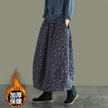秋冬季日韩新款复古文艺小碎花棉麻夹棉松紧腰加厚保暖中长款棉裙