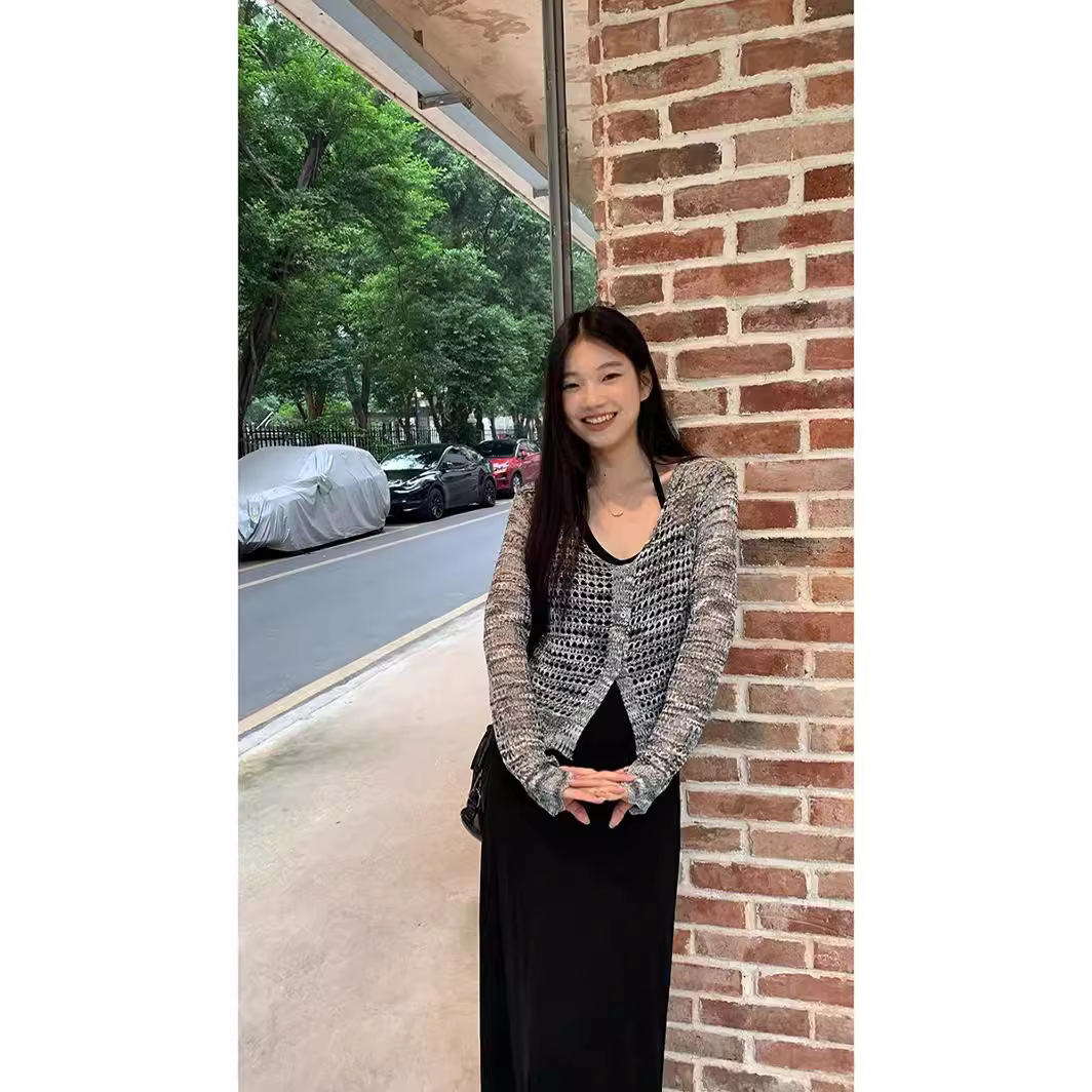 2025春装新款镂空开叉长袖罩衫女慵懒女装毛衣中长款针织衫外套