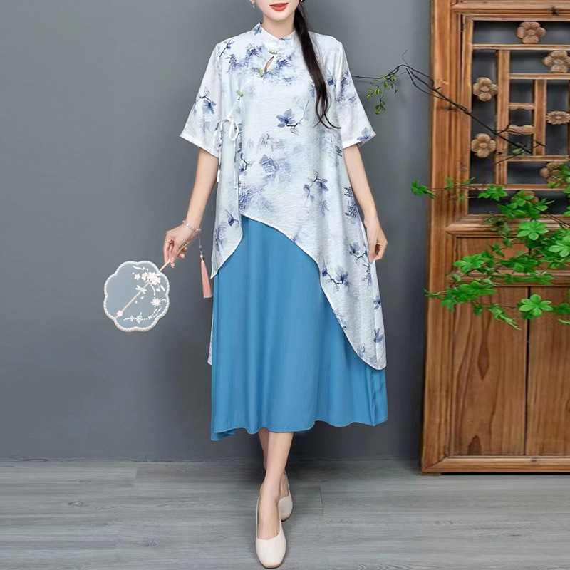 Foreign Trade Women's Clothing Xia Xin Loose Belly-Covering Slimming Cheongsam Dress Women's Ethnic Style Fake Two-Piece New Chinese Hanfu Long
