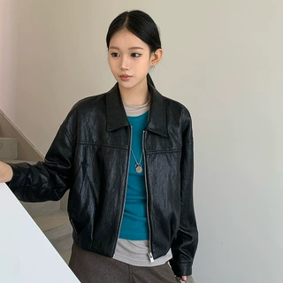 短款pu皮衣外套女复古欧美风翻领百搭宽松休闲长袖pu皮夹克上衣