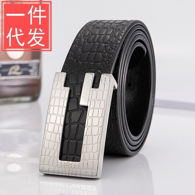 man Belt head cowhide Crocodile print Smooth buckle Stainless steel belt Men's Waist belt business affairs Versatile