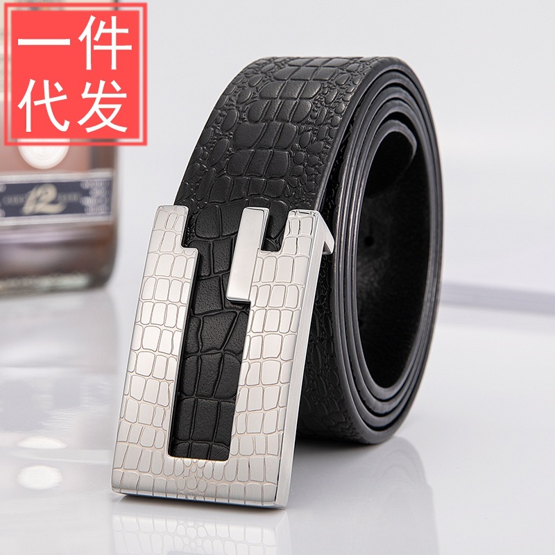 man Belt head cowhide Crocodile print Smooth buckle Stainless steel belt Men's Waist belt business affairs Versatile