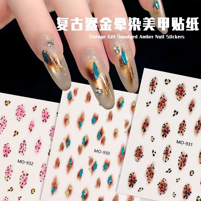 Popular retro double-layer gradient nail art stickers, featuring a new gilding technique, with textured designs and trendy fragment-style nail decorations