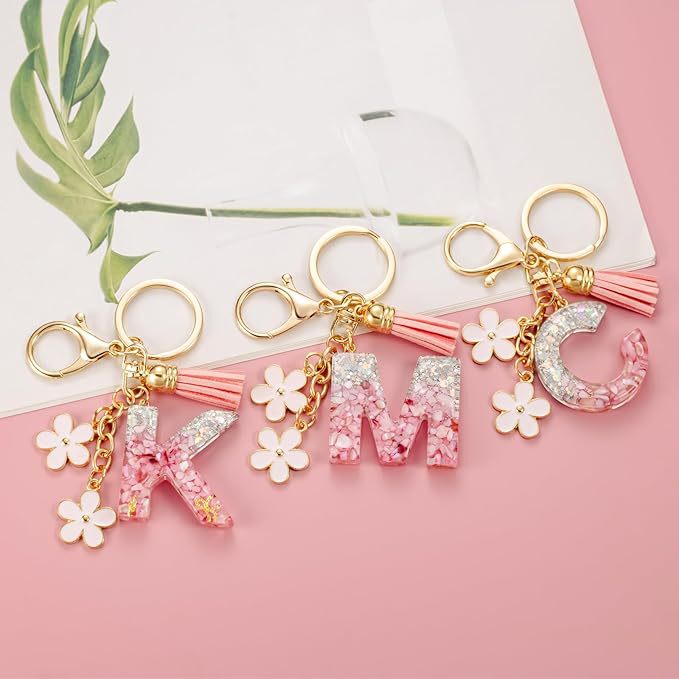 Cross-Border Hot Selling New Colorful Flower Keychain Girl Pink Flower Chain Cute Keychain Ladies Initial Pendant