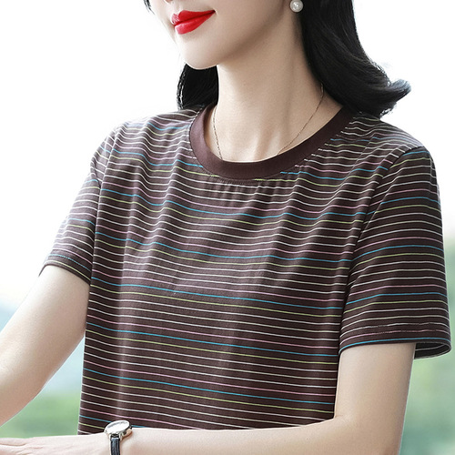 Mature Mom Pure Cotton Short Sleeve T-Shirt Women's 2025 Summer New Striped T-Shirt Loose Plus Size Abdominal Covering