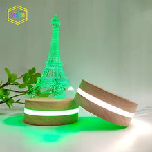 现代简约发光木质亚克力氛围灯夜灯充电圆形LED实木3D小夜灯底座