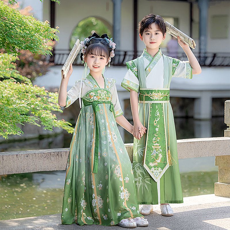 Hanfu Boys' New Chinese Style High-End Tang Suit for Children, Ancient Style Outfit for Boys, Princess Dress for Girls, Summer