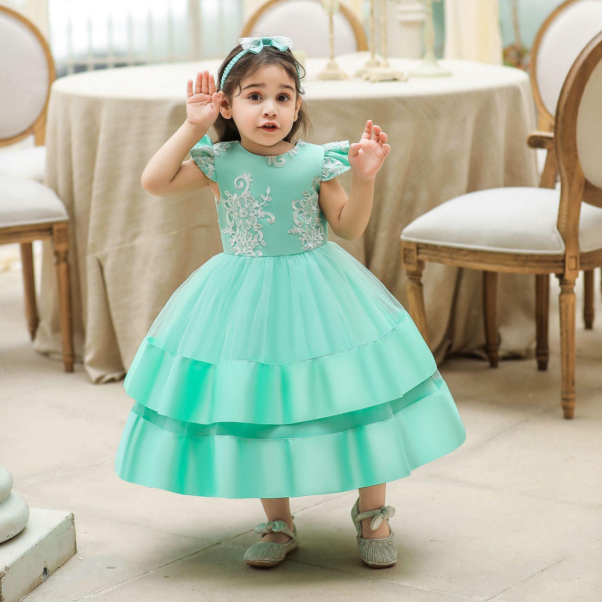 亚马逊童装女童公主裙飞飞袖蛋糕蓬蓬裙礼服小花童礼服baby dress