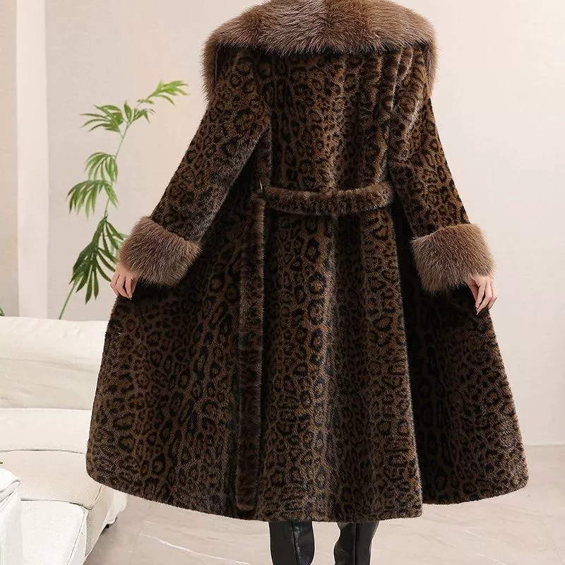 Women's Winter Long Coat, Leopard Pattern Mid-Length, Belted, Sizes L–4XL