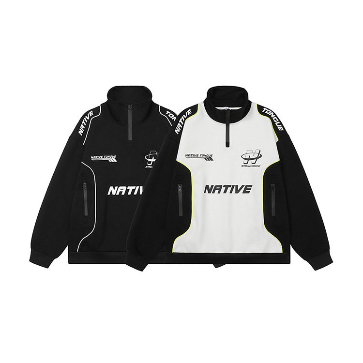 American Retro Letter Fashion Color a juego de carreras Suéter Marca de moda para hombres Chaqueta superior suelta de cuello alto de la calle