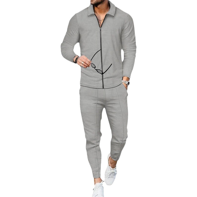 Comercio exterior de los hombres waffle manga larga costura solapa traje moda casual zipper cardigan casual deportes traje hombres
