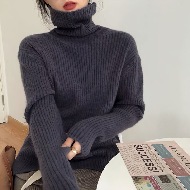 Thick Vertical Ribbed Extra Thick Warm Turtleneck Sweater for Women, Fall/Winter 2022, Loose Fit Knitwear Thick Vertical Ribbed Extra Thick Warm Turtleneck Sweater for Women, Fall/Winter 2022, Loose Fit Knitwear