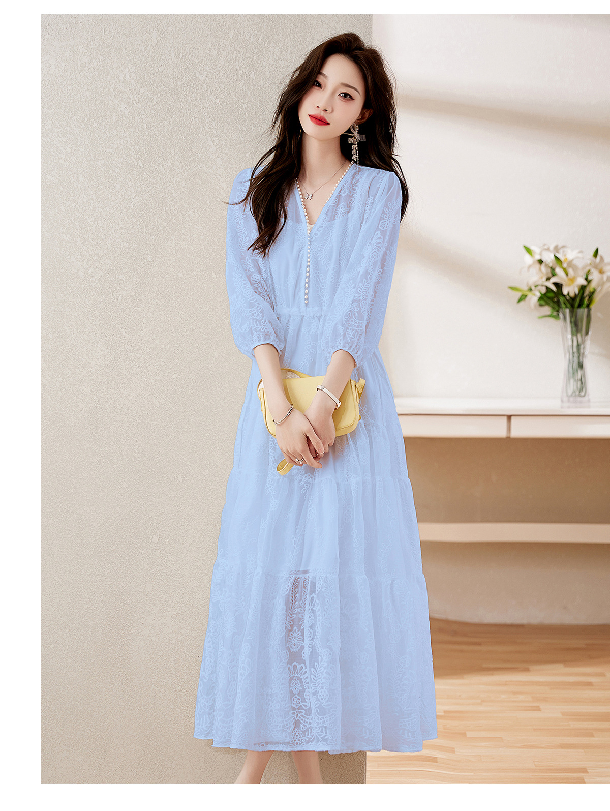 Đầm maxi nữ cổ V thắt eo dáng dài thanh lịch NY1608 — xanh lam, màu tím, màu vàng chi tiết 12