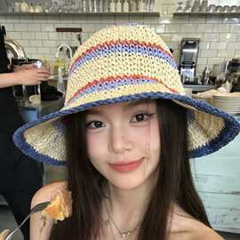 韩版彩色条纹手钩草编盆帽女春夏季出游遮阳渔夫帽海边挡脸太阳帽