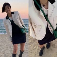 【亏清160】OD抗皱免烫西装精裁明线拼色休闲宽松短款西服小外套