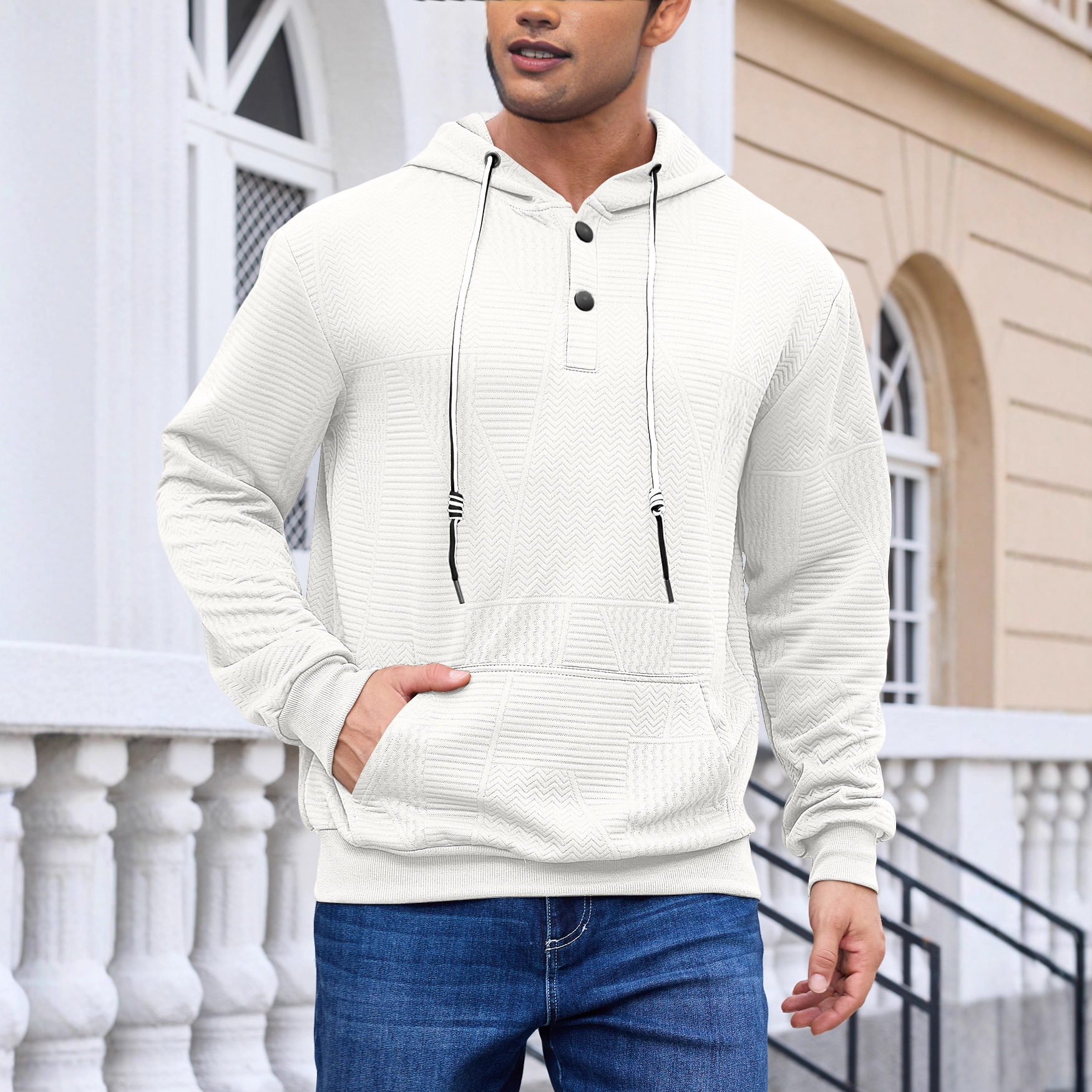 Nuevo transfronterizo Europa y América Amazon otoño y invierno hombre pesado botón de manga larga camisa encapuchada casual deportiva Jacquard