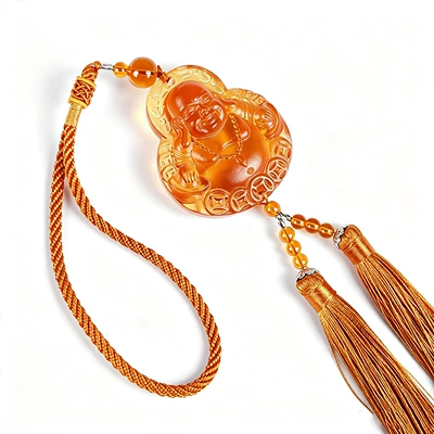colored glaze Buddha car pendant Car hanging - glazed-double-sided-maitreya-buddha-with-earthy-yellow-tassel