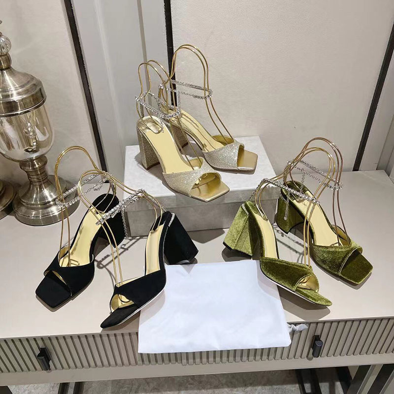 Star catwalk with thick heel square toe sandals leather Greta concave shape chain with diamond fish mouth sexy women's shoes