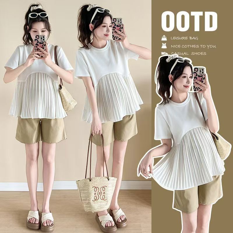 Maternity Suit Top to Cover Belly, Maternity T-Shirt, Spring and Summer Loose Short-Sleeved Doll Bottoming Shirt, Tencel Chiffon Shirt