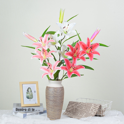 Simulation flowers single piece film 3 headed lily wedding celebration photography arrangement artificial flowers home decoration ornament manufacturer wholesale