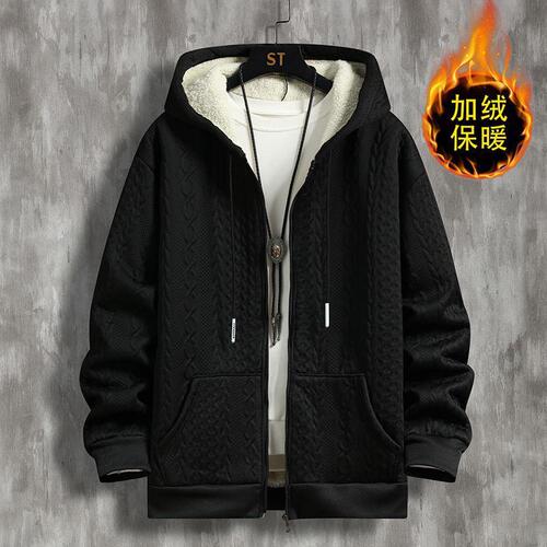 Winter Plush Fleece Thick Zipper Floral Silver Fox Fleece Men's Casual Crewneck Hooded Sweatshirt