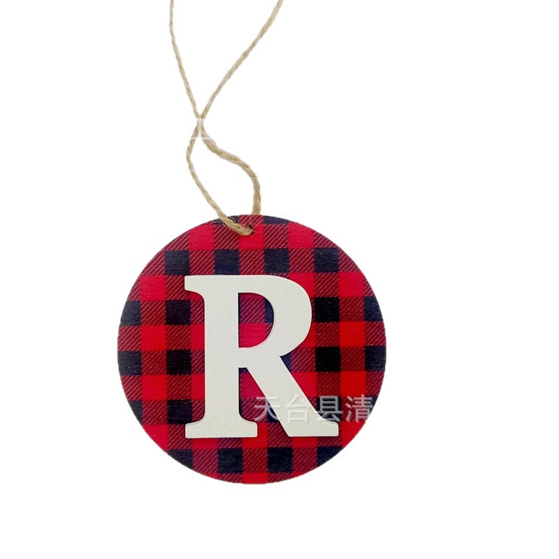 Nuevos productos transfronterizos Decoración navideña Colgante de hoja de madera Artesanía de madera Colgante pequeño Colgante de costura a cuadros negro y rojo