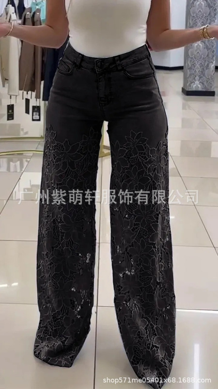 独立系ヨーロッパとアメリカのクロスボーダーレディースハイウエストワイドレッグパンツ、ファッショナブルで多用途な中空レーススプライシングジーンズ|undefined