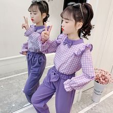 女童秋装套装2023新款韩版格子衬衫洋气中大儿童女孩公主风两件套