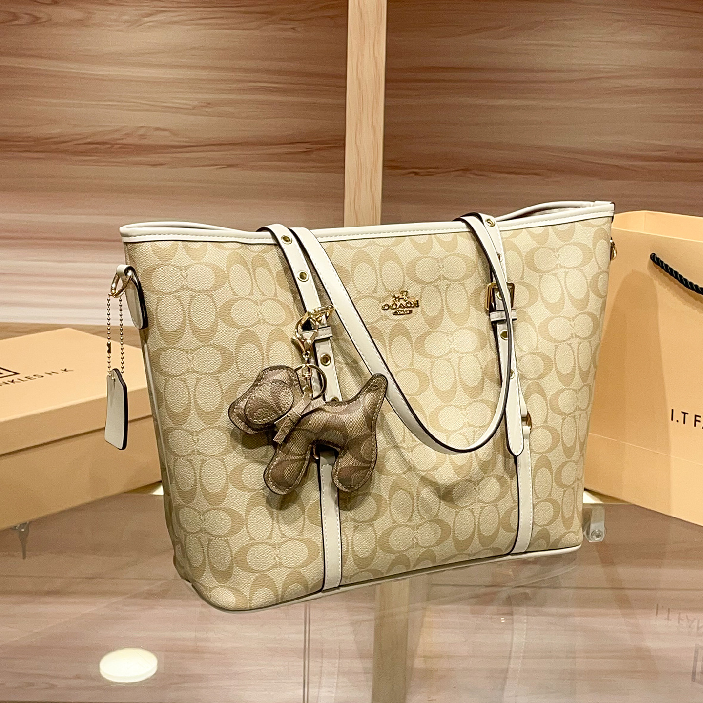 Túi tote da thật nữ đáy rộng phong cách Hồng Kông — nâu