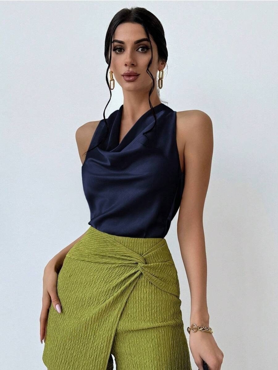 Ärmellose Damen Satinbluse Elegantes Business Oberteil Für Sommer_voghion.com