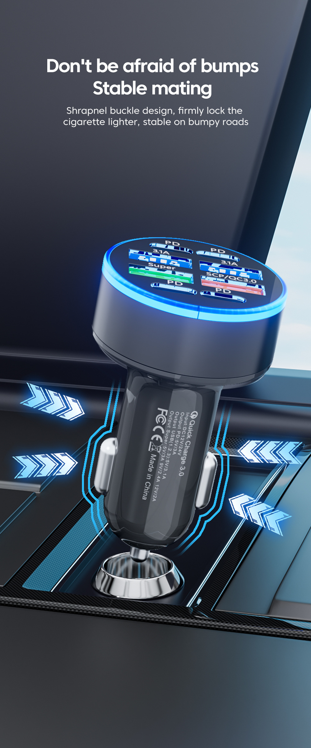 Multi-port with digital display support super fast charging 6/8 port with voltage vehicle-mounted one-to-six/8-car fast charging cross-border