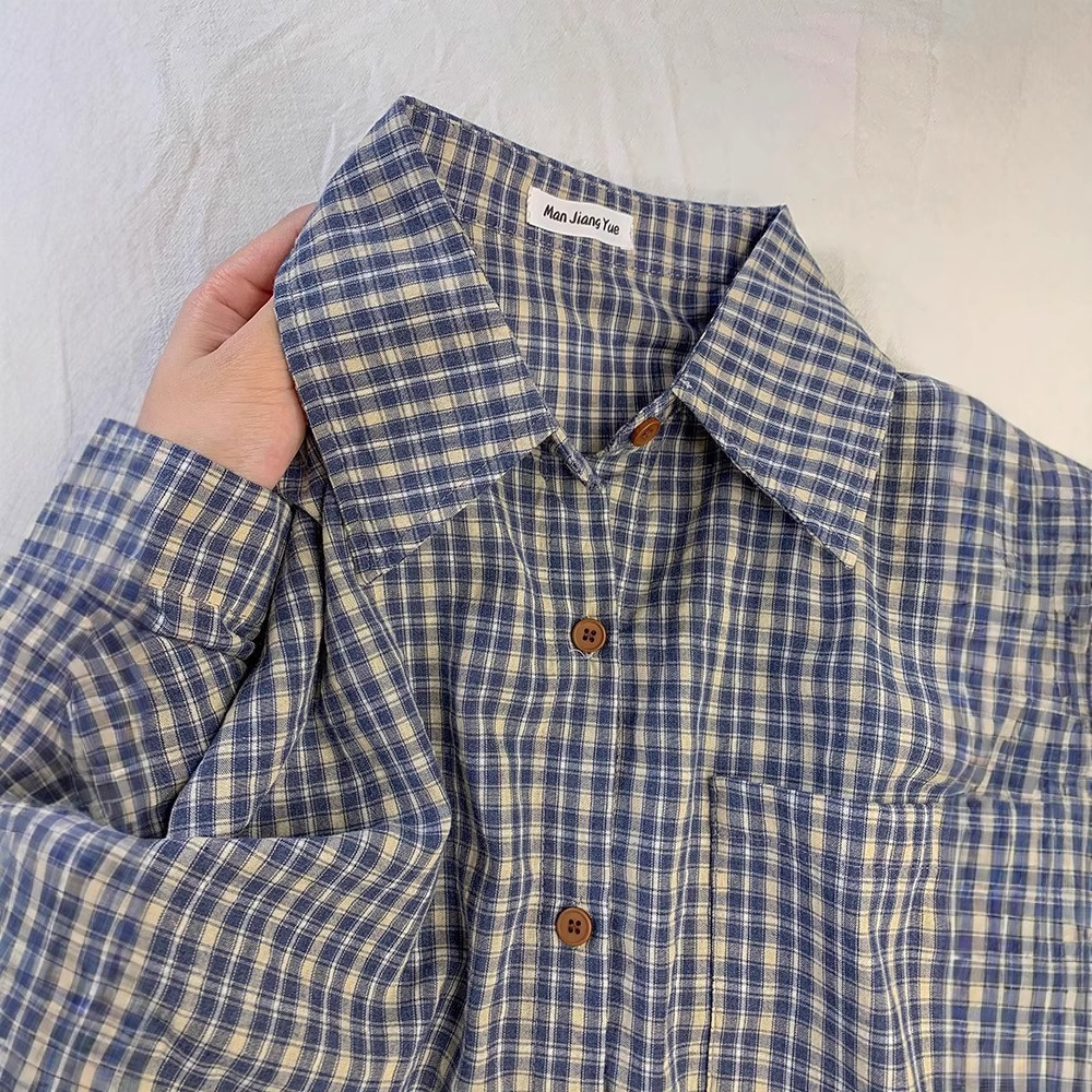 Irina~Blue Plaid Shirt with Women's Layered Shirt Niche Design Casual Top Jacket for Women