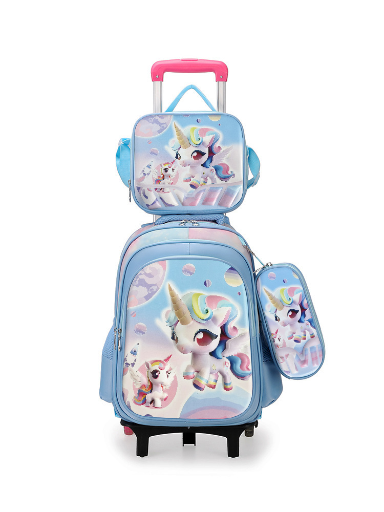 Juego de mochila escolar de nailon de tres piezas, mochila infantil para estudiantes de primaria, mochila ligera con ruedas, lonchera bonita