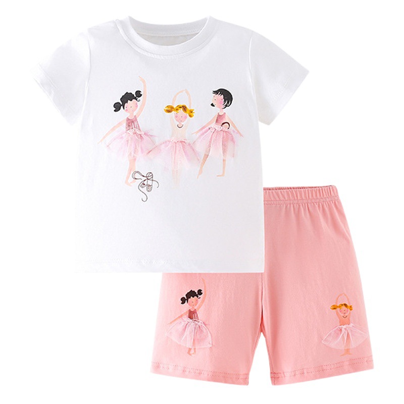 Traje de verano para niños, top, pantalón, traje de dos piezas, pantalones cortos casuales de manga corta para niñas 2025, ropa para niños de estilo europeo y americano al por mayor