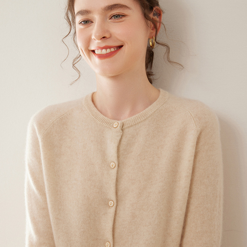 Spring and Autumn Round Neck Cashmere Cardigan Women's Cashmere Thin New Raglan Loose Slim Knitted Tops Women's Tops