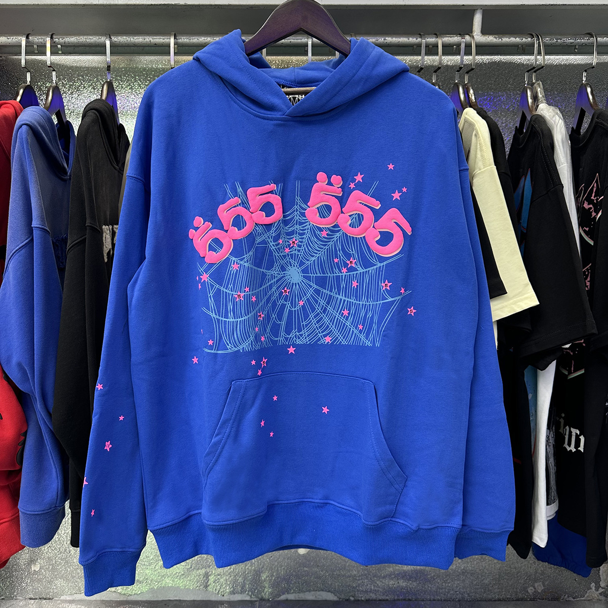 Sp5der cantante de hip hop europeo y americano mismo estilo carta de espuma 555555 impreso hombres y mujeres pareja suéter con capucha moda