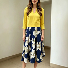 2026跨境欧美连衣裙  夏季新款女装  撞色拼接花卉收腰显瘦连衣裙