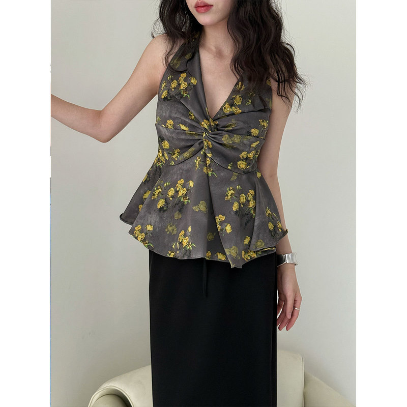 Luxi French Style Romantic V-neck Floral Neck Shirt Women's Summer New Ruffled Vest Top 3599