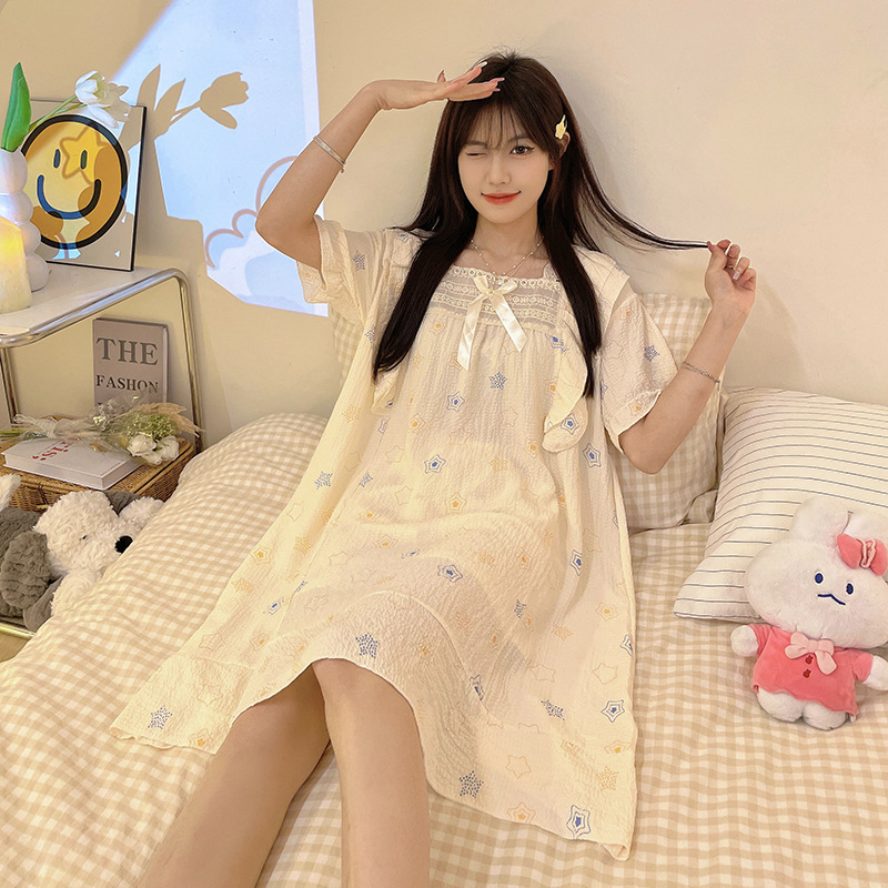 Pijama de mujer de verano tejido espuma tejida tela arrugada pijama de mangas cortas princesa vestido de viento suelto vestido de casa de verano