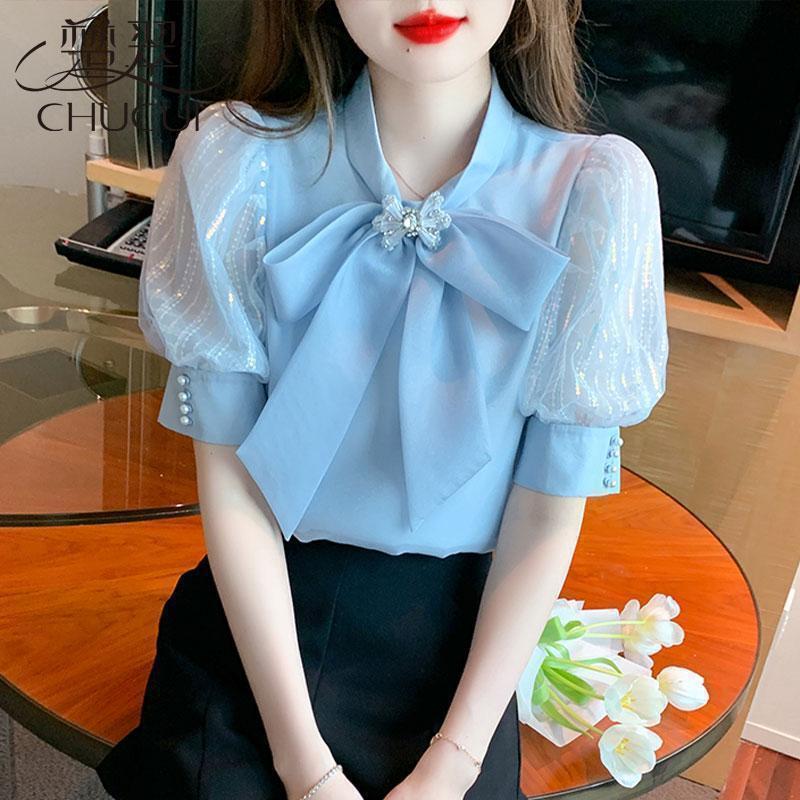 雪纺短袖衬衫女士夏季减龄洋气小衫2025新款爆款恤衫泡泡袖上衣|undefined
